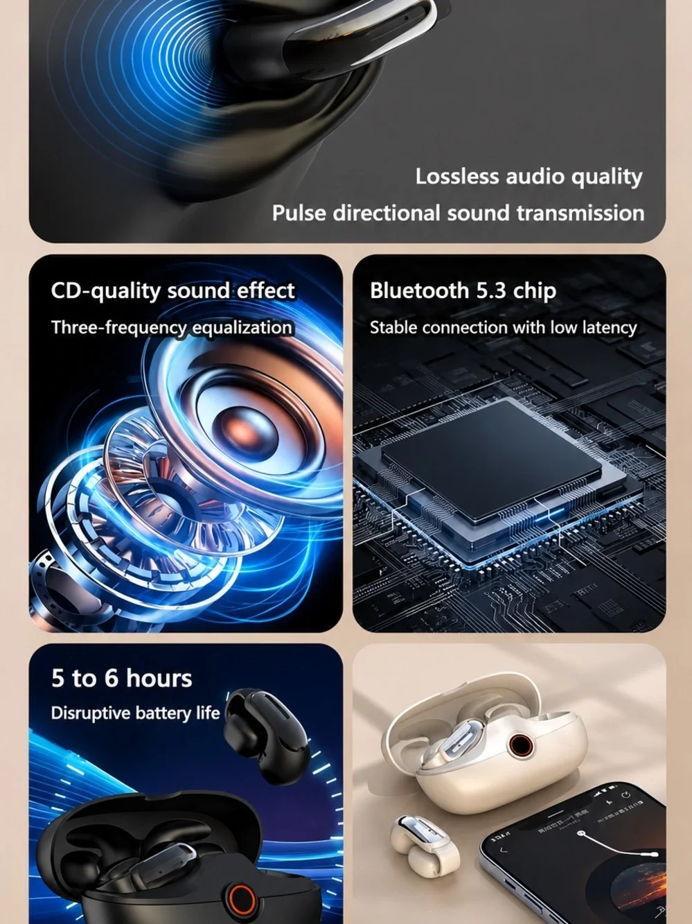Open-ear Wireless Earbuds in Beige with Charging Case